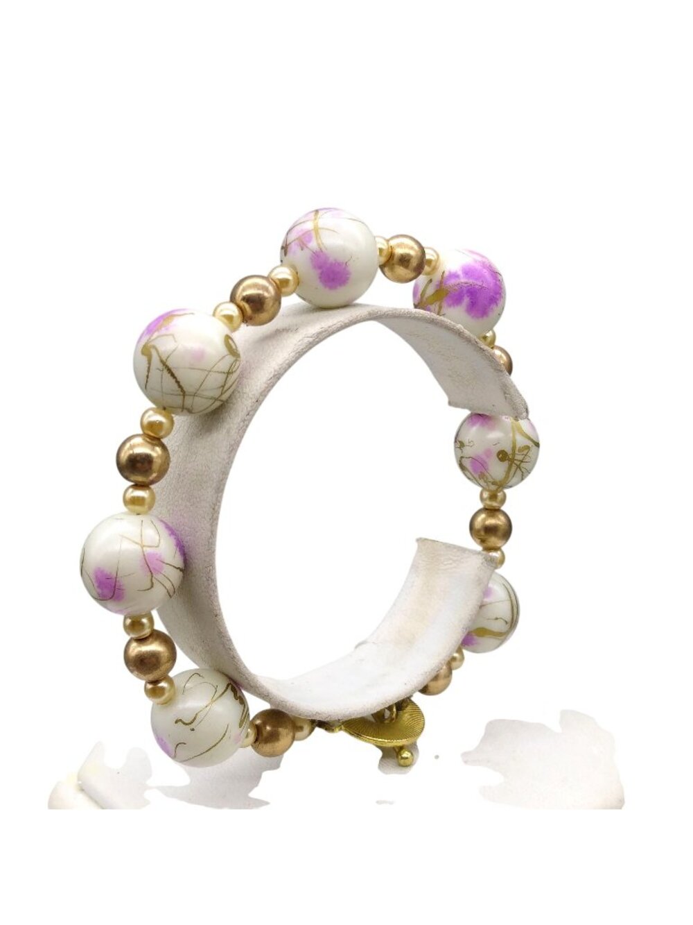 Vintage Abstract Floral Beaded Bracelet, Milk Glass with Purple Flowers and Gold